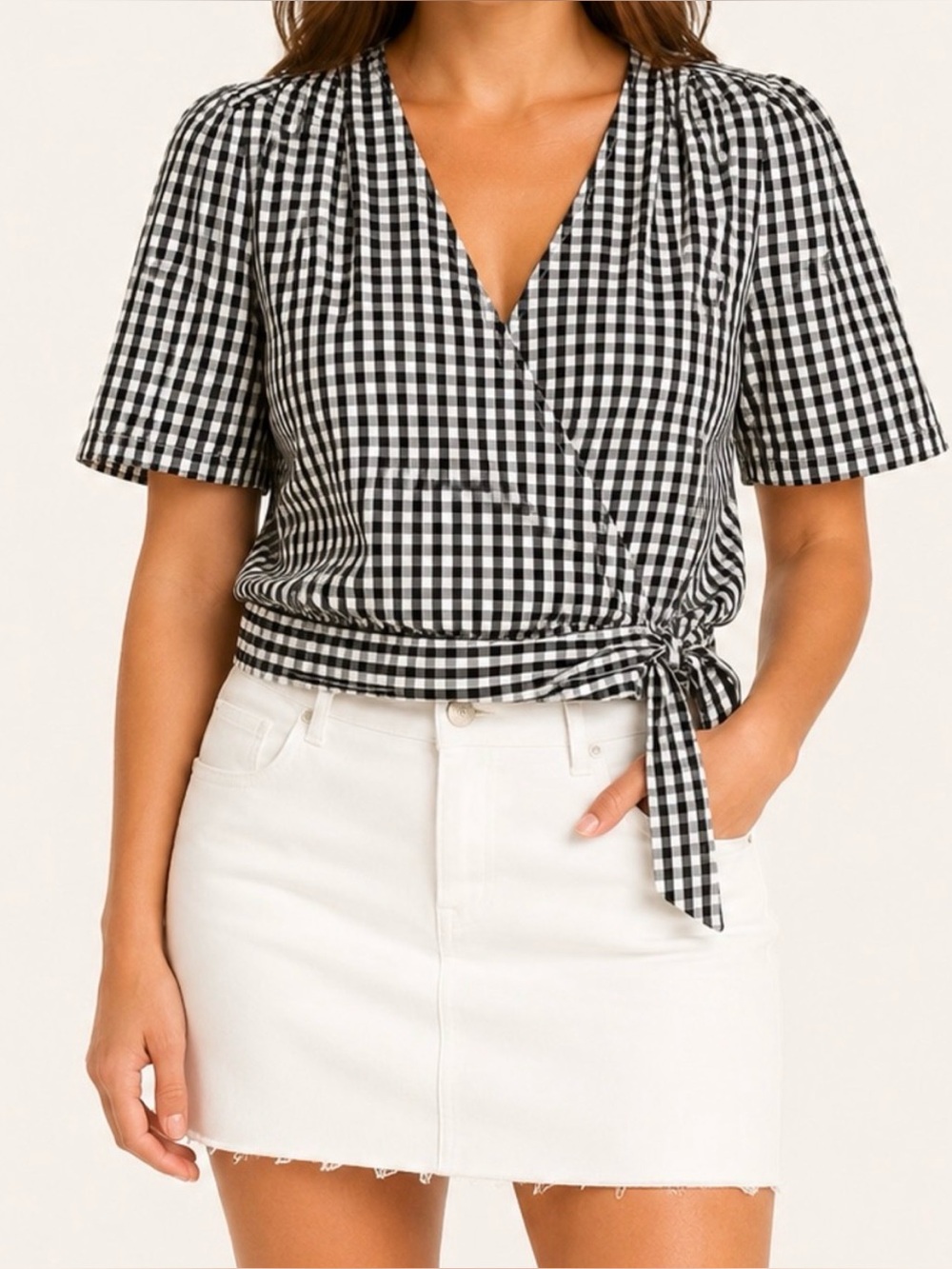 Madewell Gingham Wrap Top Puff Sleeve Black White Cotton Medium